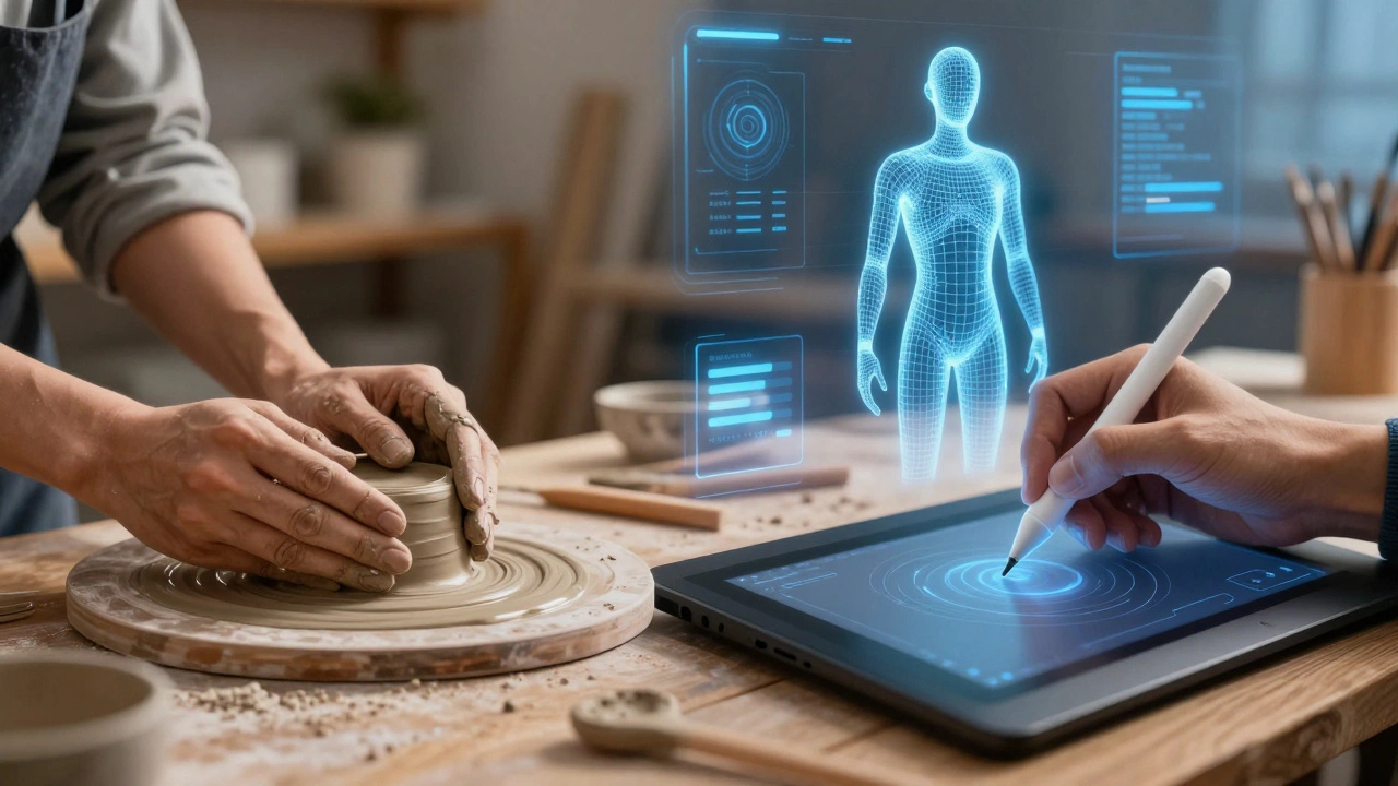 Hands molding clay next to digital 3D sculpting tablet