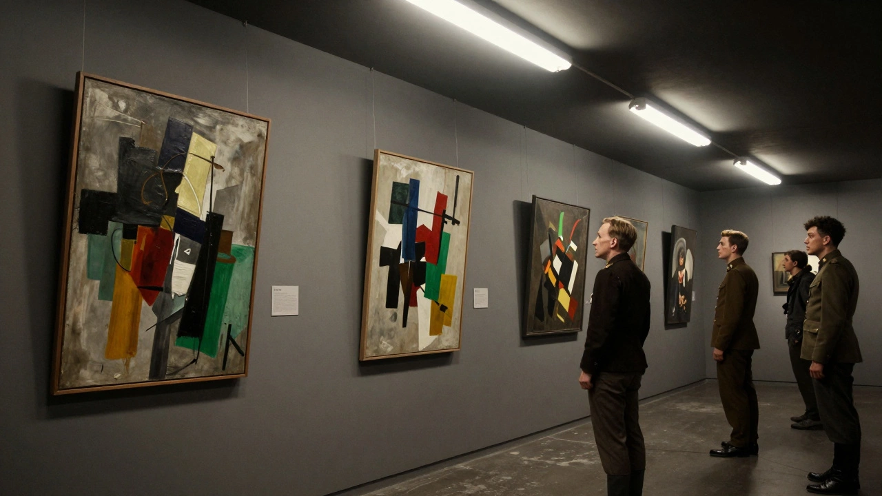 Mocking display of degenerate abstract art in 1937 Germany
