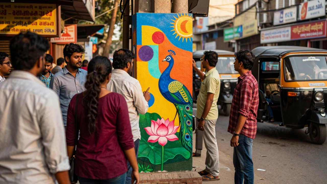 Pedestrians admiring colorful Indian-themed street art mural