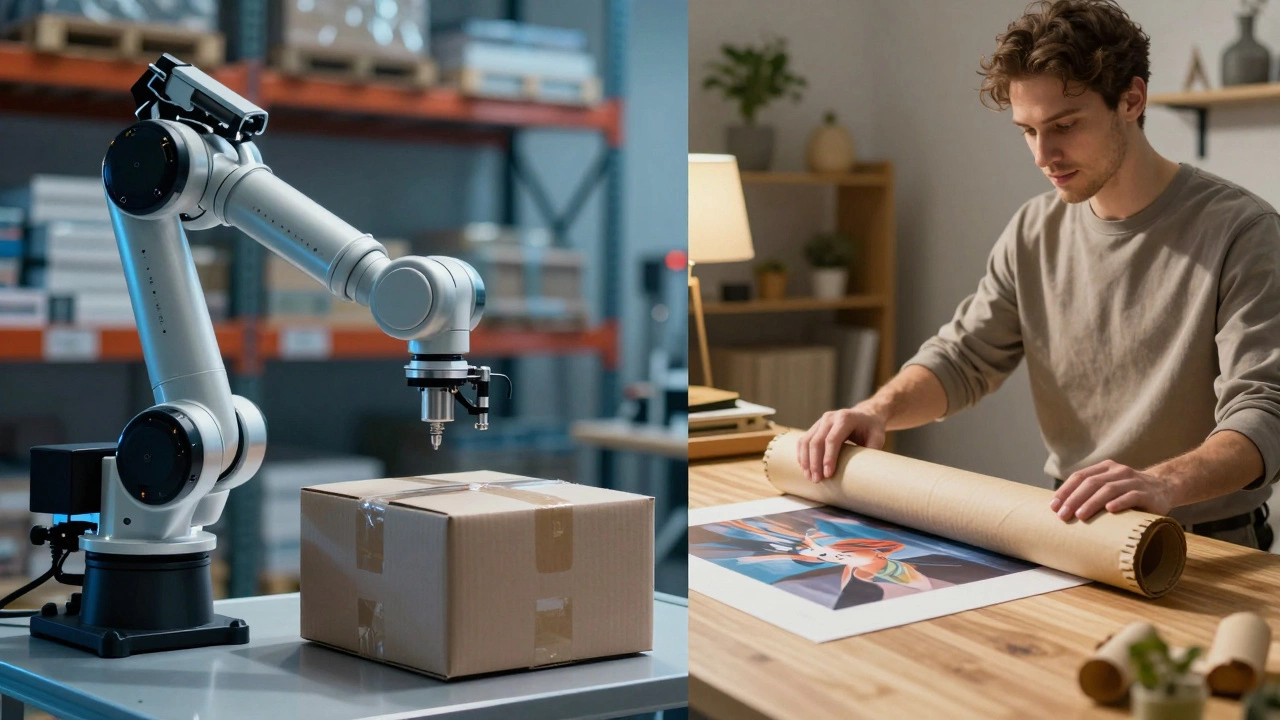 Split view comparing automated warehouse packing versus home studio packing