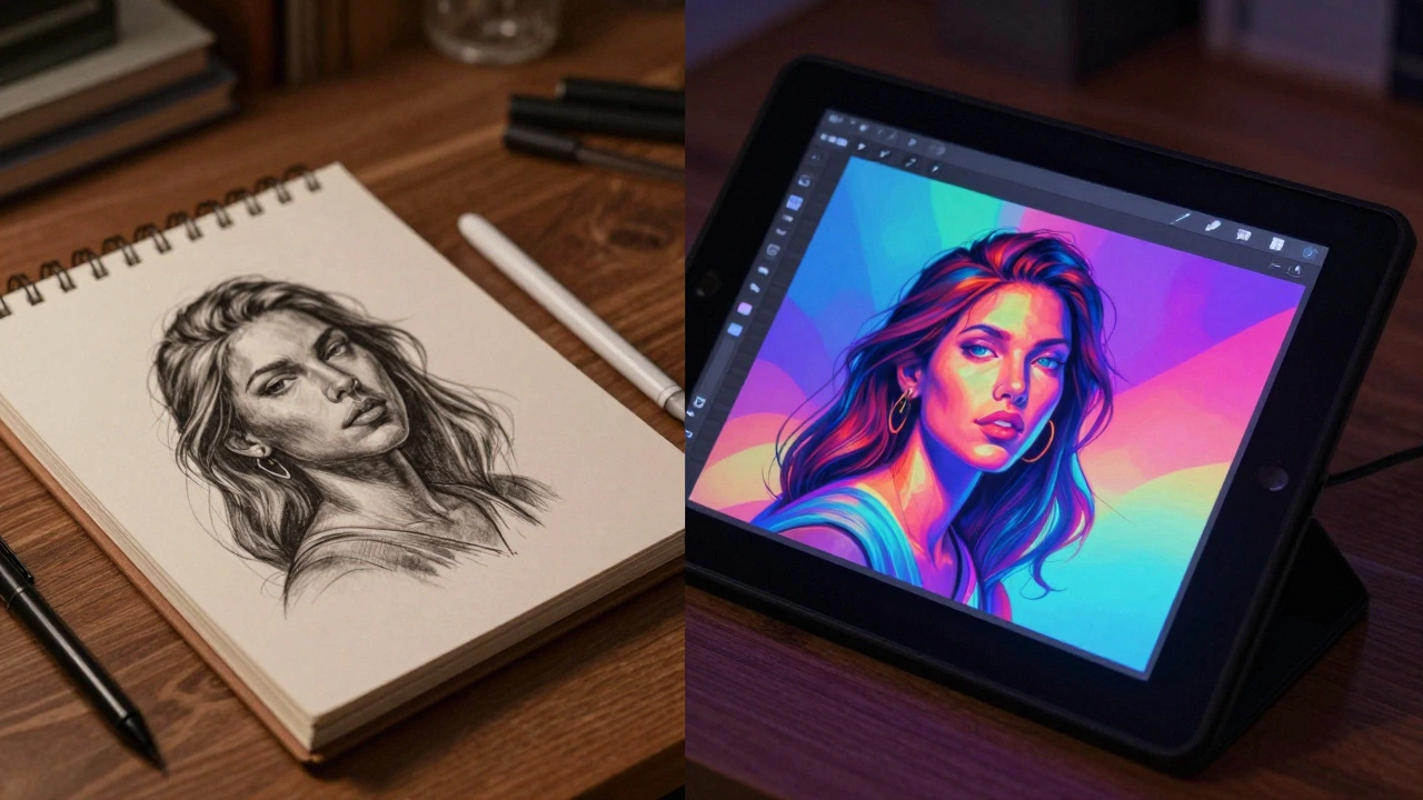 Split view of traditional sketchbook and digital tablet with stylus