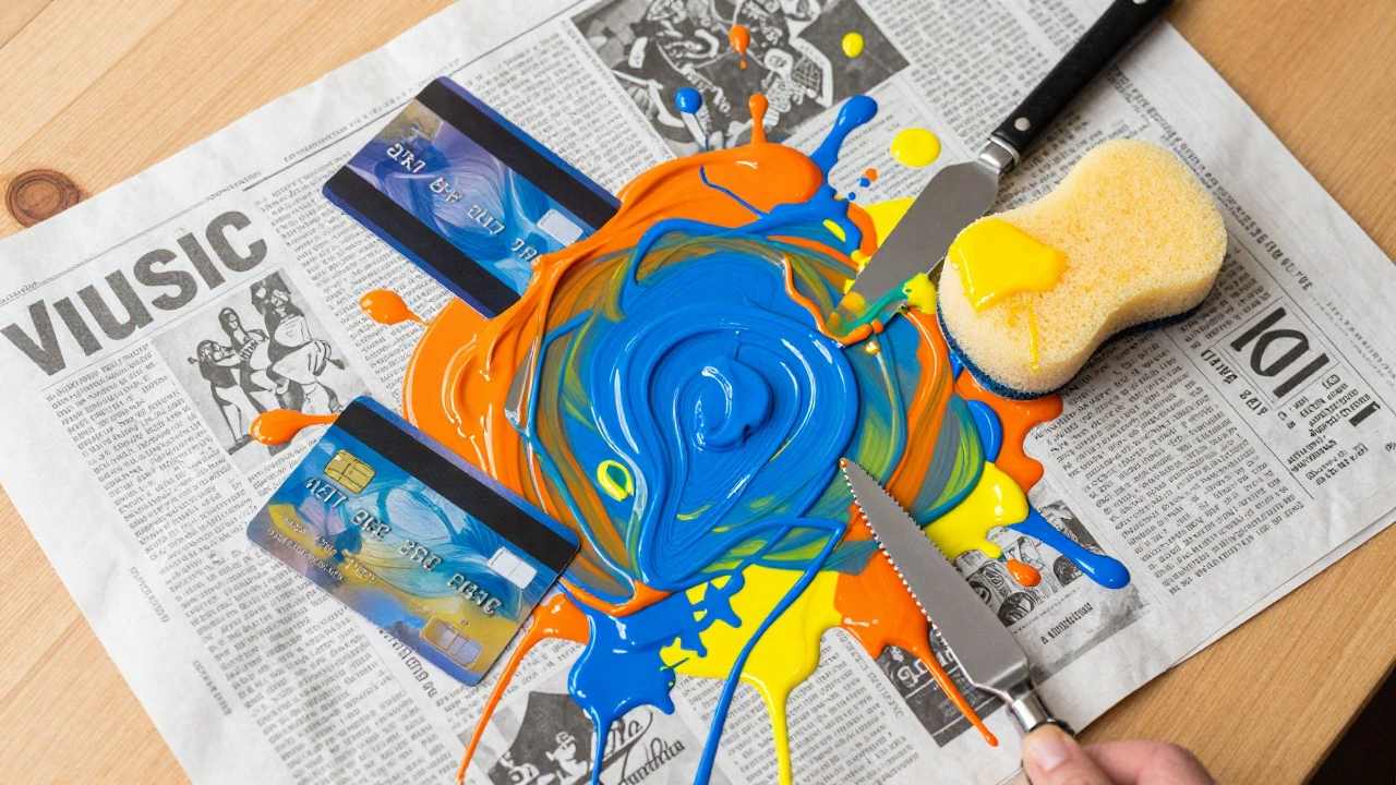 Acrylic paints applied with credit cards and sponges on paper