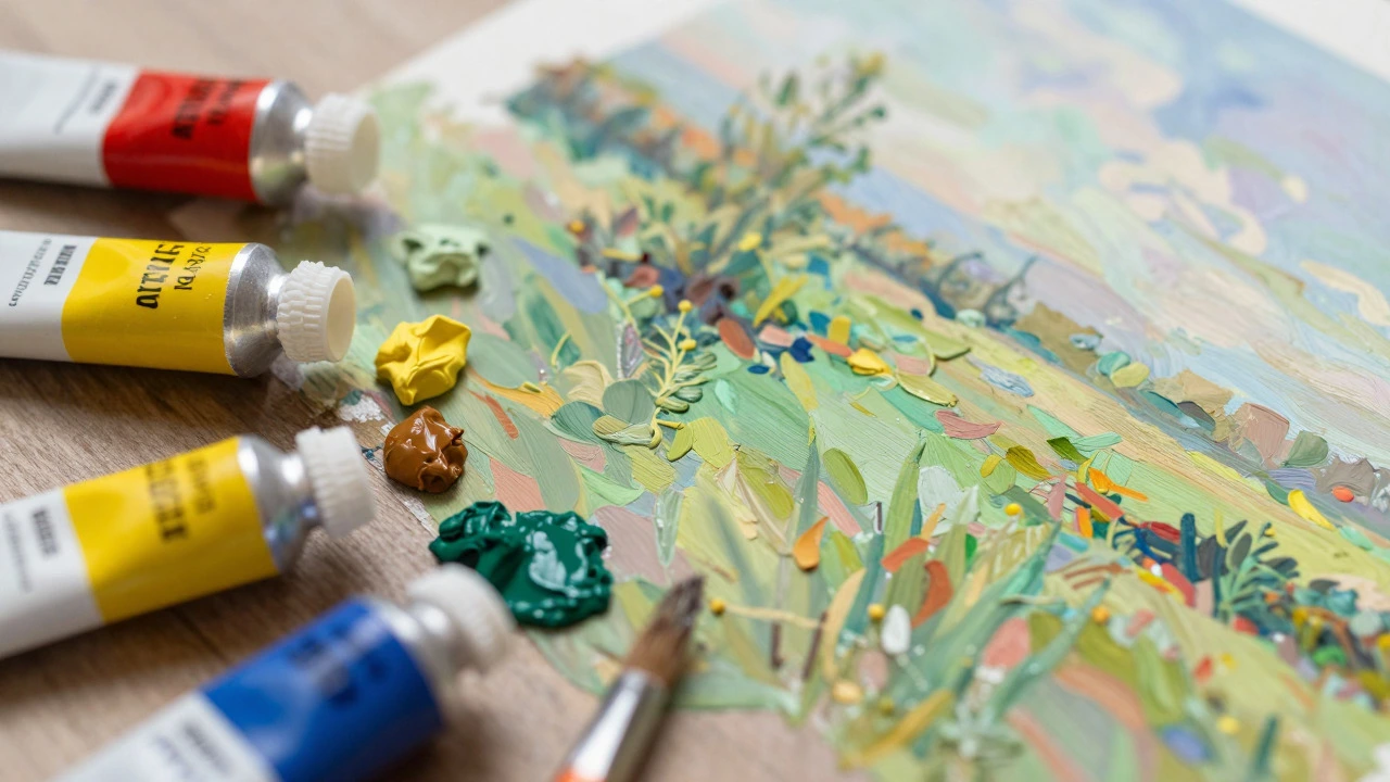 Artist palette with mixed paints and brushstrokes demonstrating color blending techniques.
