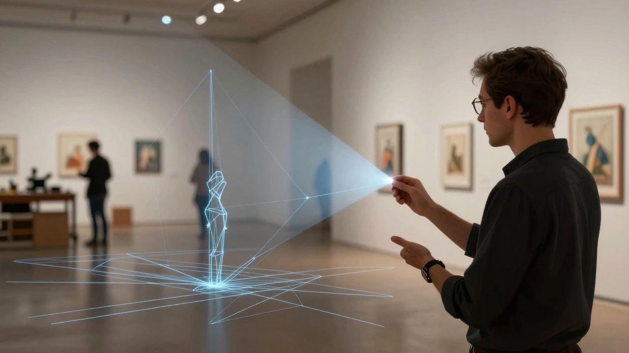 Conceptual view of curator designing sightlines and lighting in a gallery.