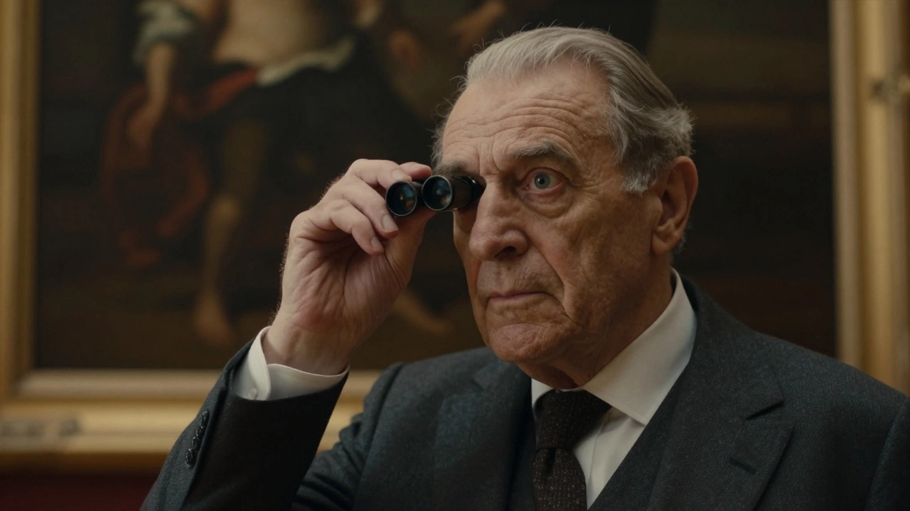 Connoisseur closely examining a classical painting