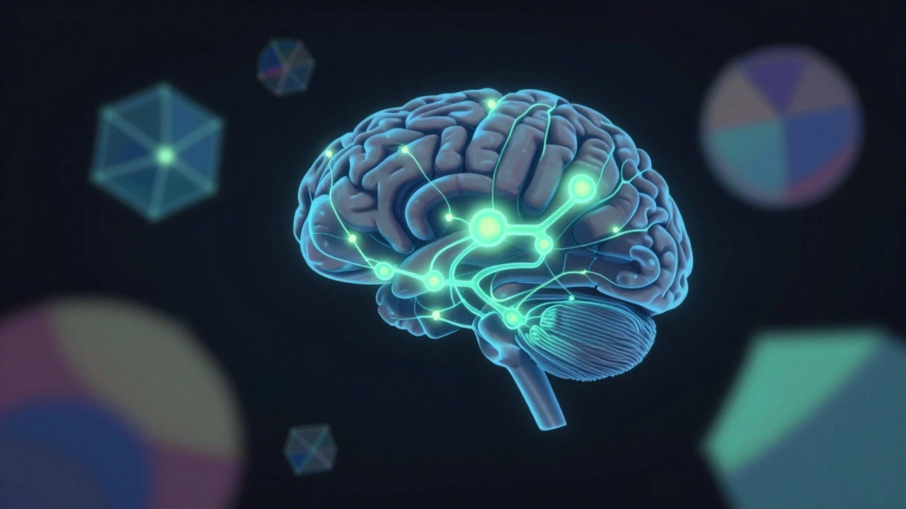 Glowing neural pathways connecting to abstract shapes