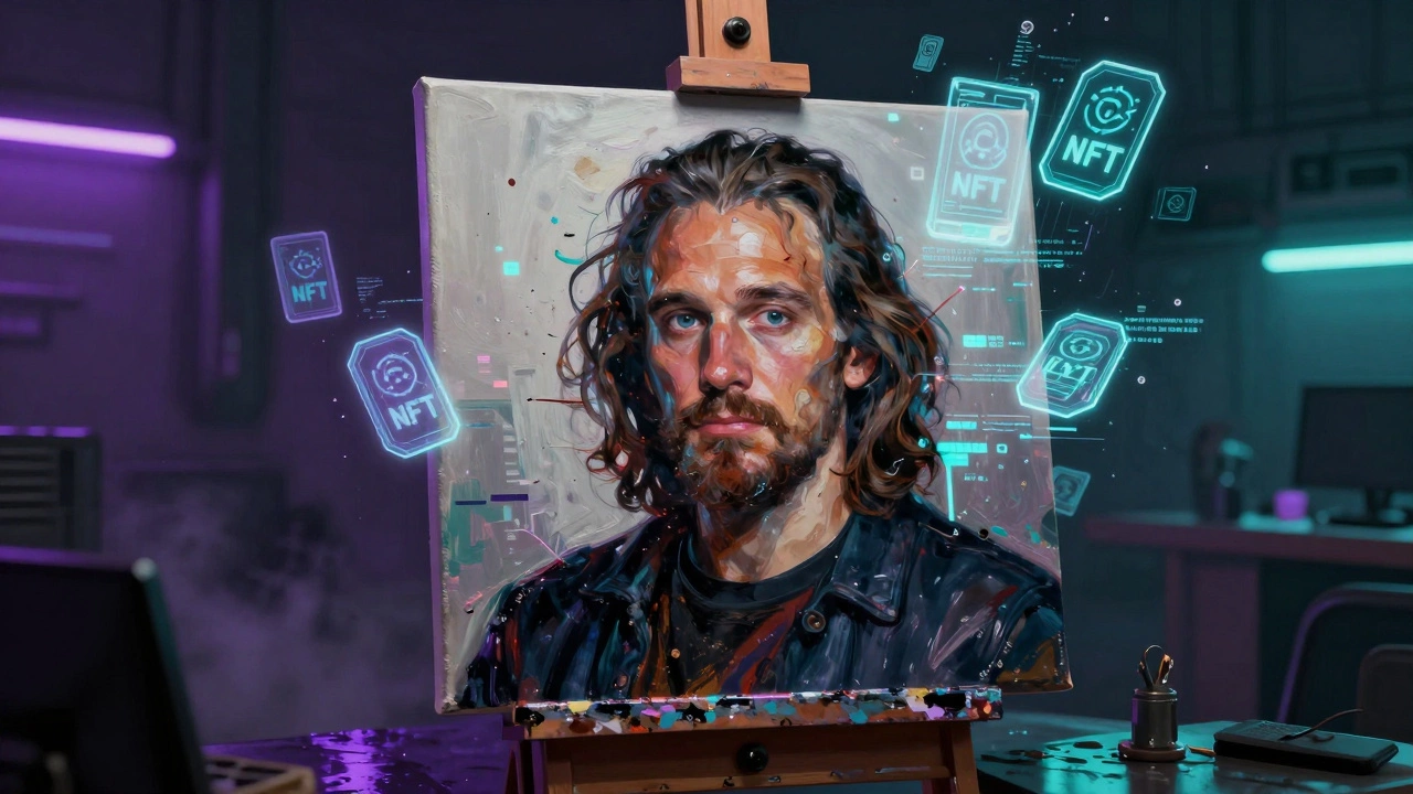 Holographic NFTs hovering over a physical meme painting in a cyber studio