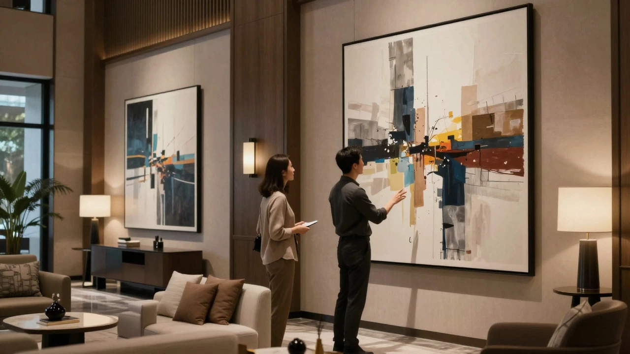 Interior designer viewing large art print in luxury lobby