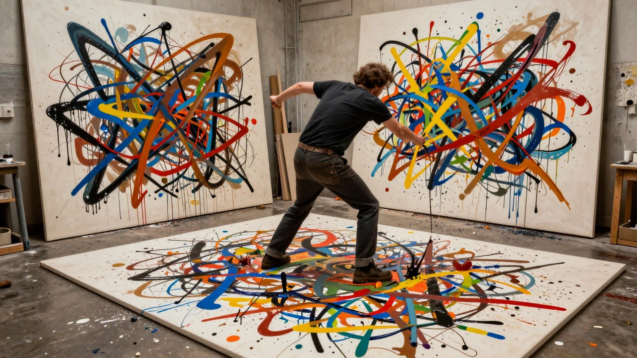 Jackson Pollock actively dripping paint onto a canvas on the studio floor