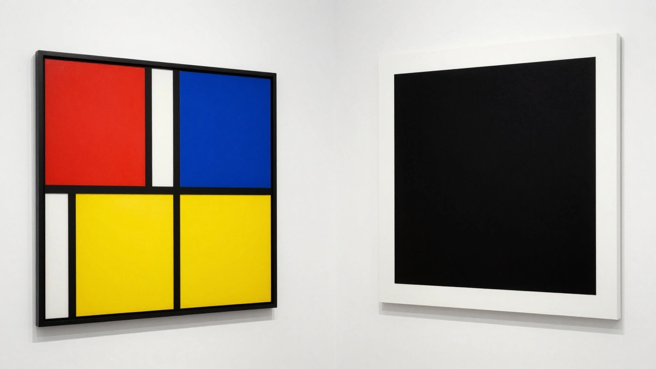Mondrian's geometric grids and Malevich's Black Square displayed side by side