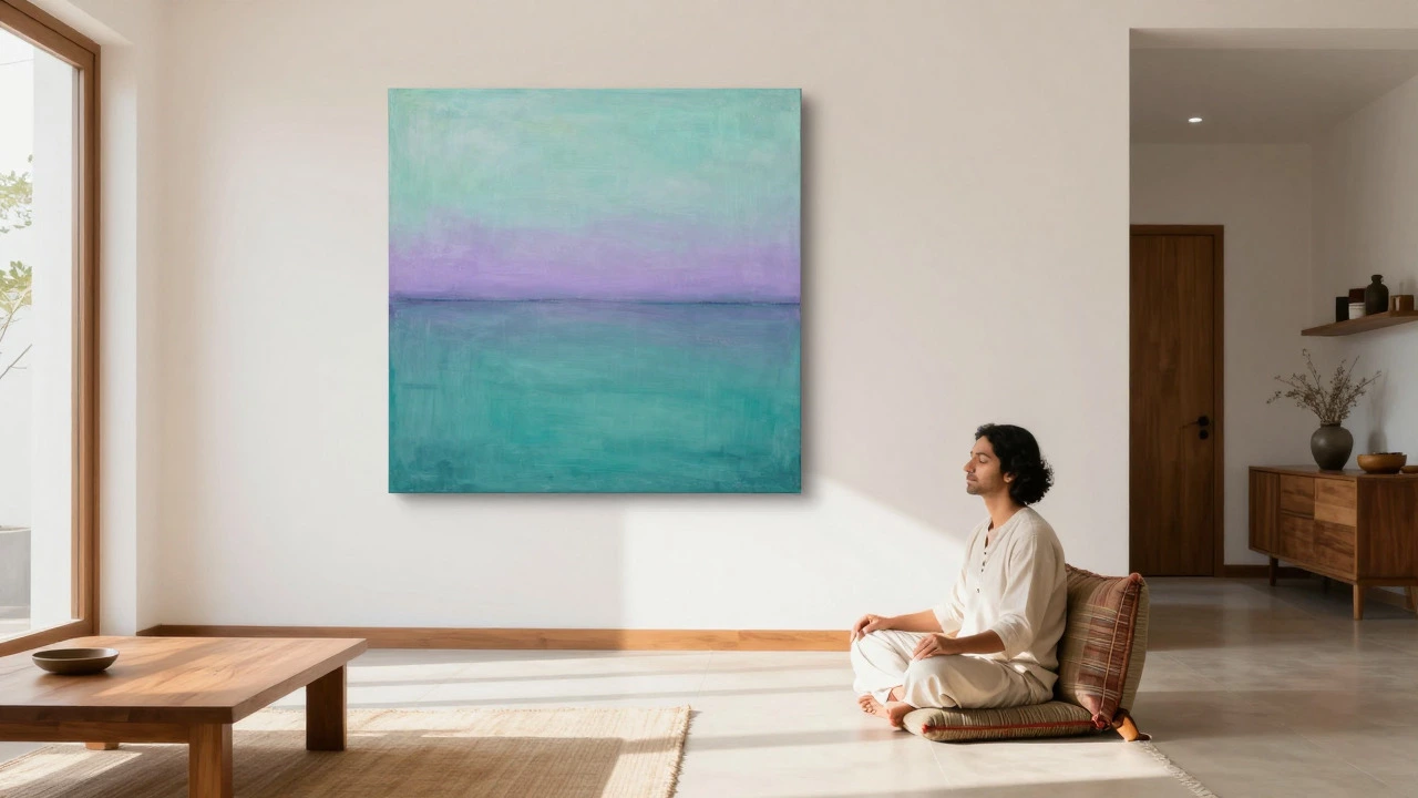 Person relaxing in a sunlit room with calming abstract art