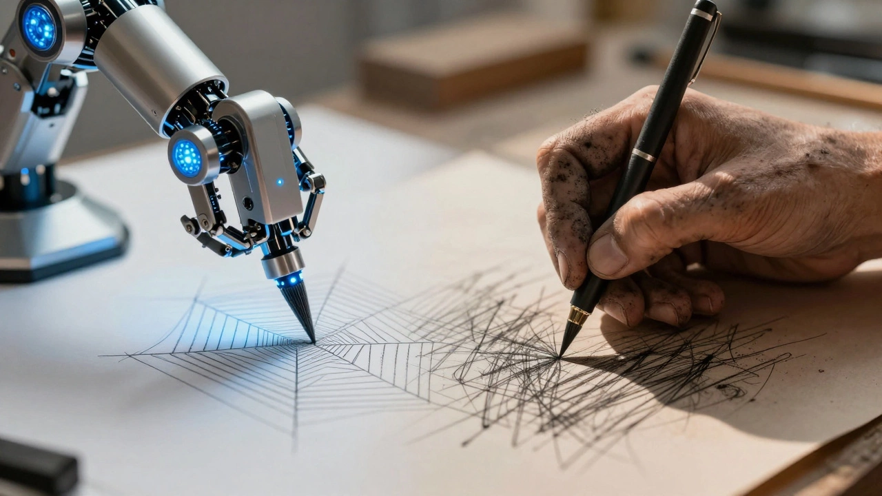 Robotic arm and human hand creating contrasting art styles side by side