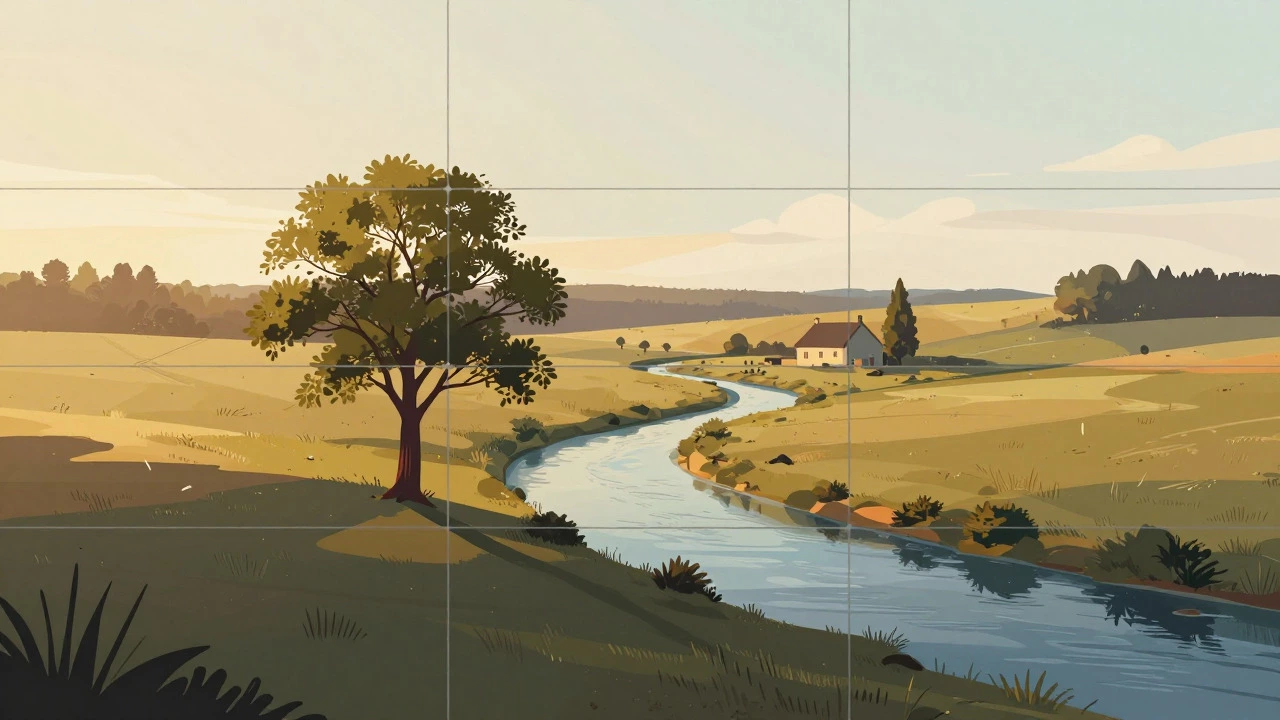 Scenic view illustrating rule of thirds and leading lines with a winding river path.