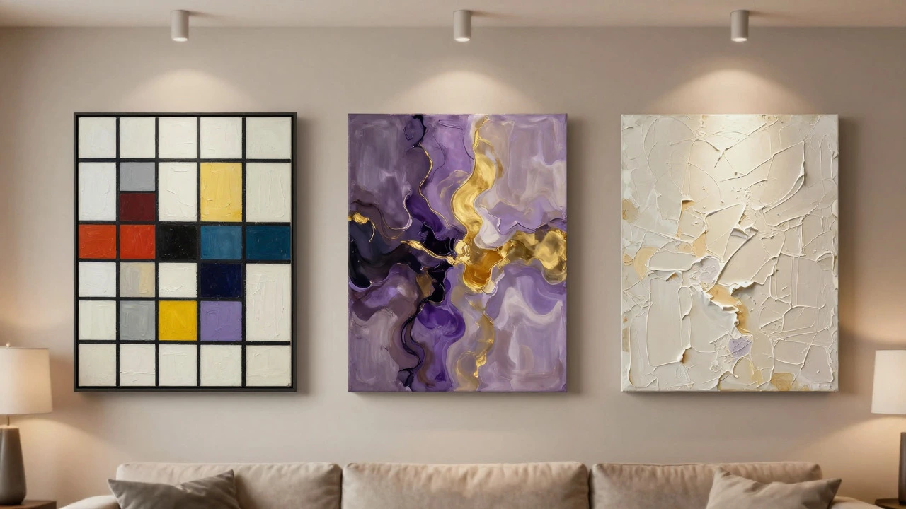 Three different styles of abstract art displayed on a wall