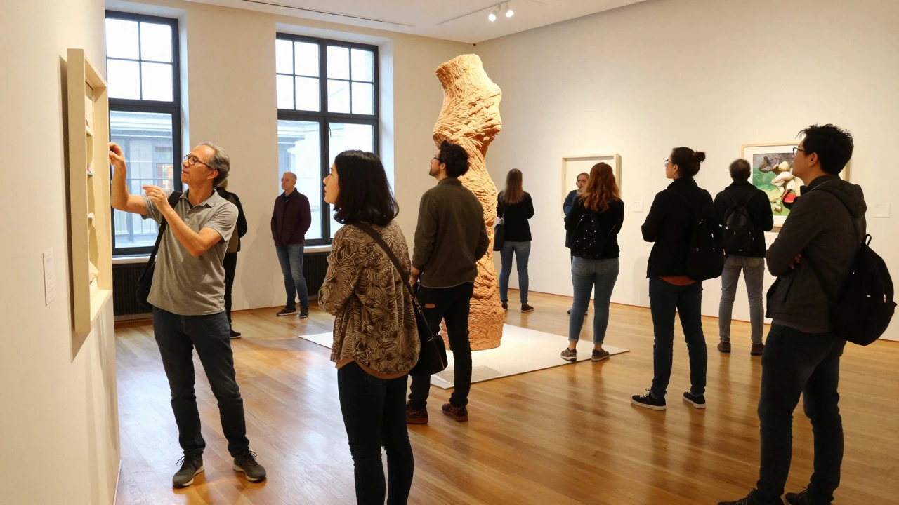 Visitors actively engaging with art installations in a bright museum space.
