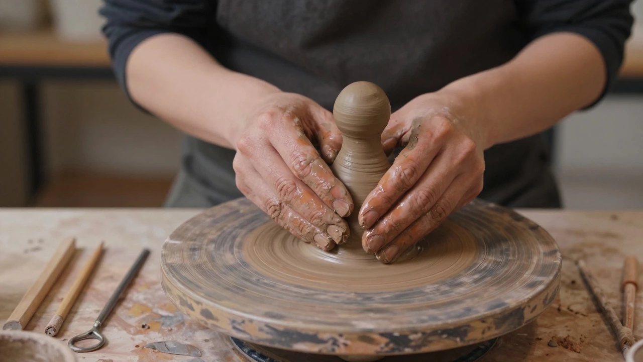 Artist's hands shaping wet clay on a pottery wheel