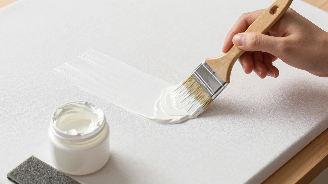 Artist applying white gesso to a canvas with a brush