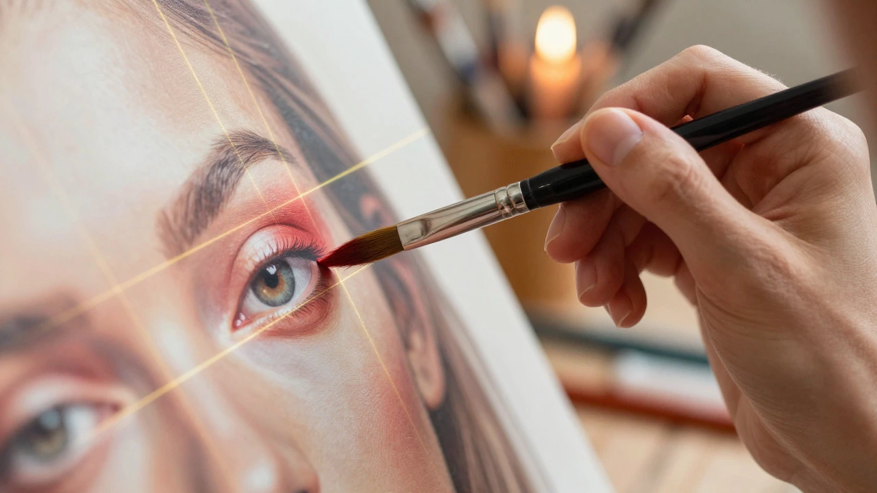 Artist painting an eye on a portrait with golden grid guidelines visible