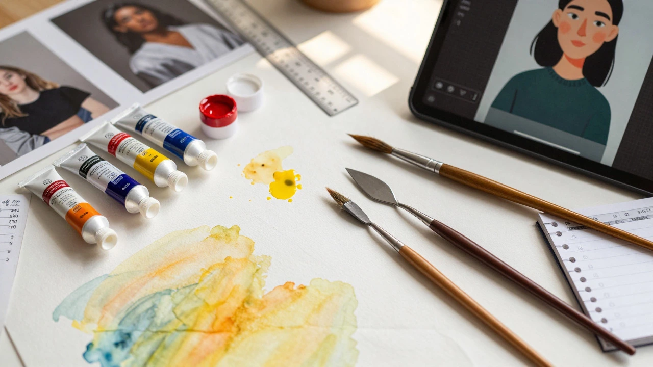 Artist workspace with oil paints, acrylics, watercolors, and digital tablet tools for portrait creation.