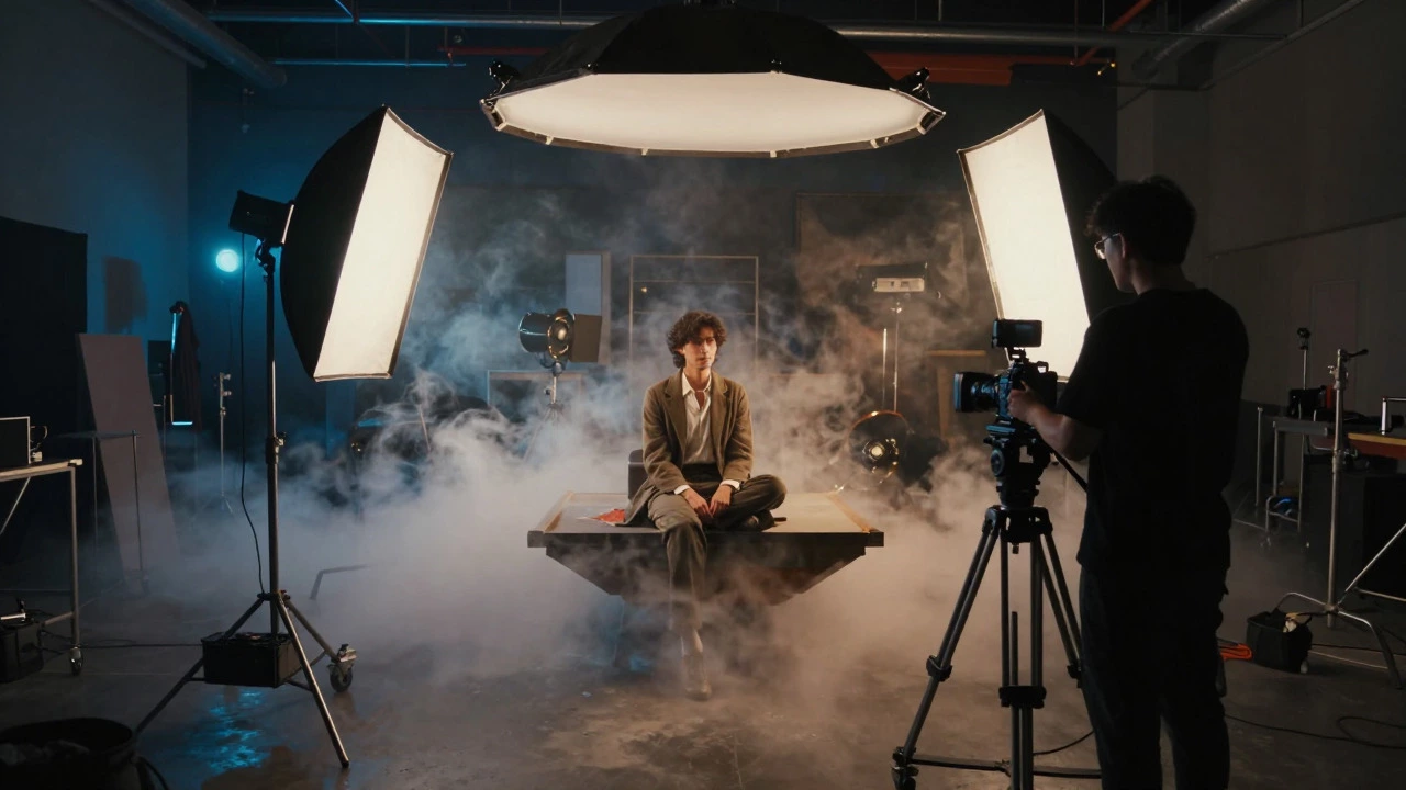 Behind-the-scenes of a staged fine art photoshoot with lighting rigs and models.