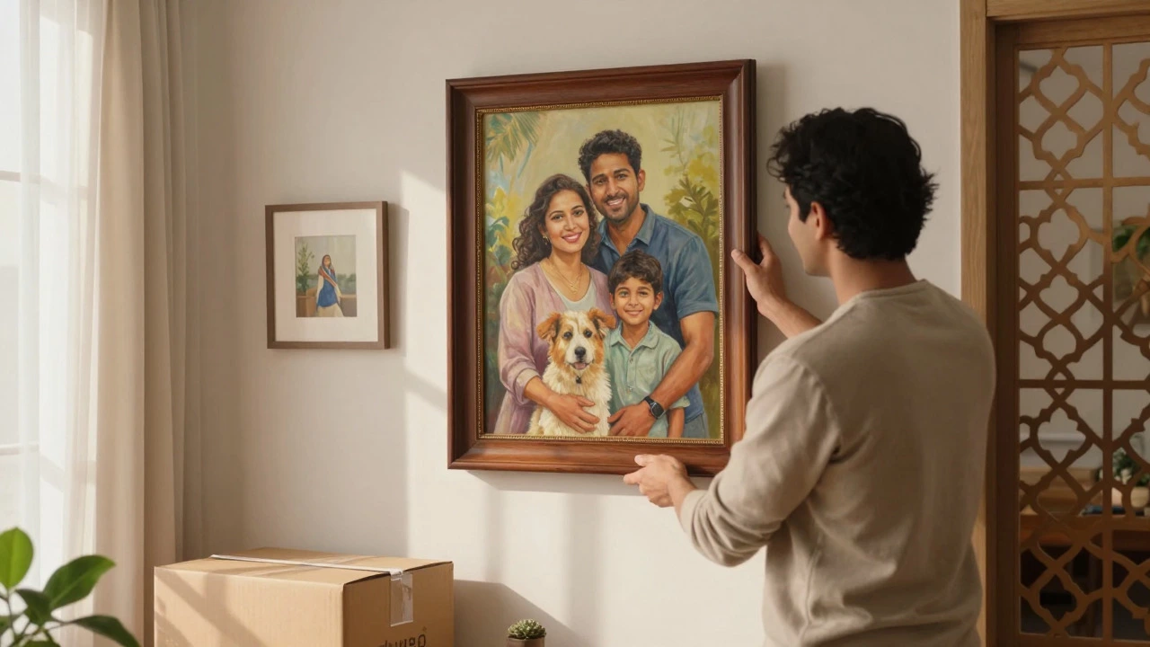 Client framing a completed family oil portrait in a sunlit living room with shipping box nearby.