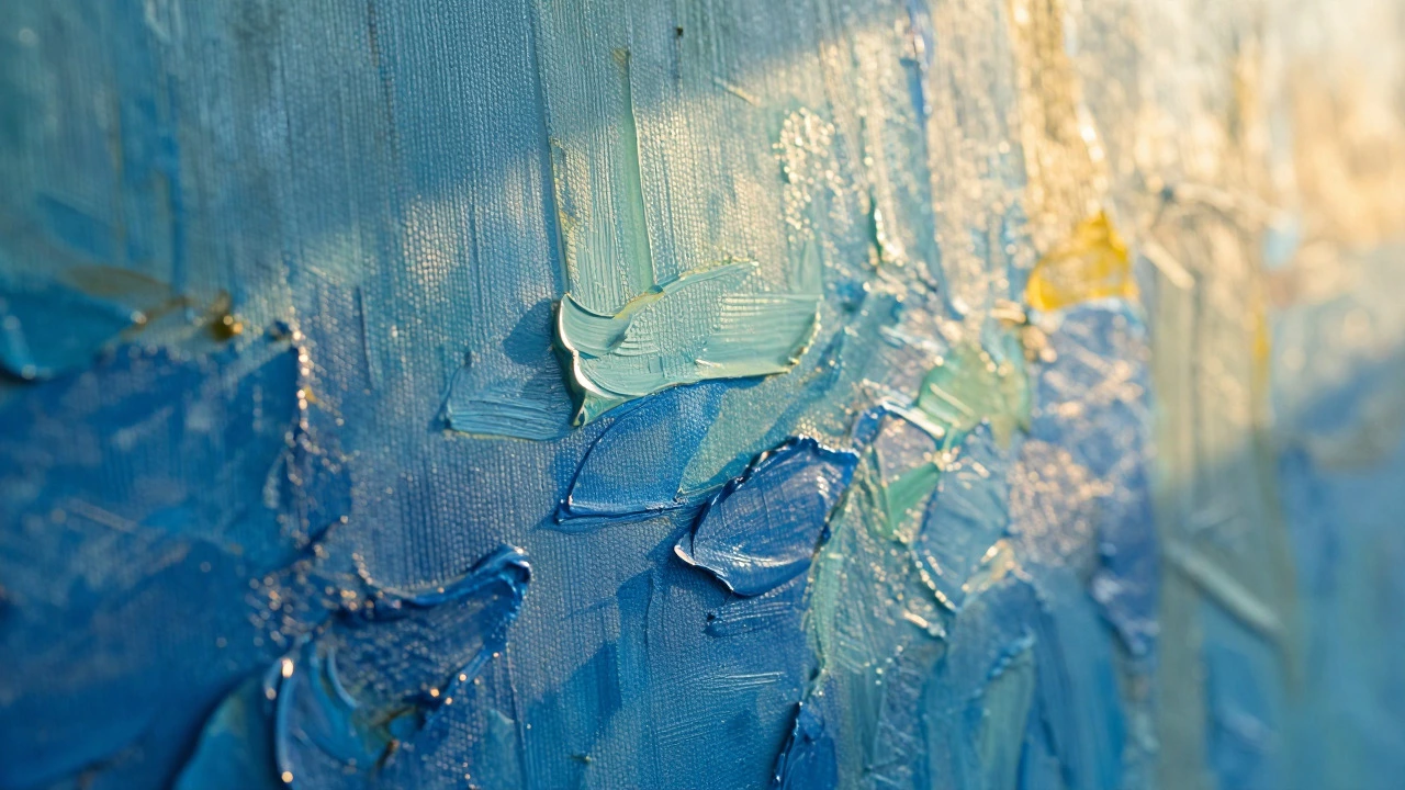 Close-up of blue abstract art under varying light temperatures