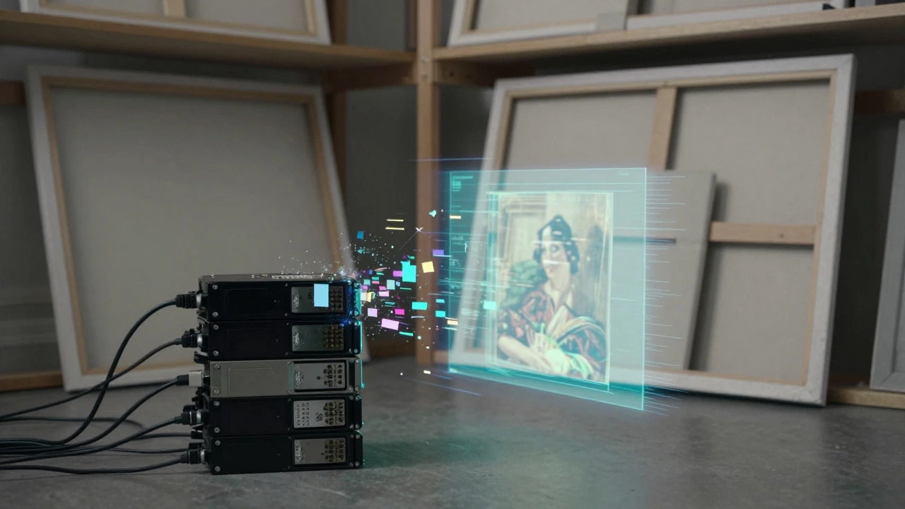 Digital files dissolving into pixels beside permanent traditional canvases
