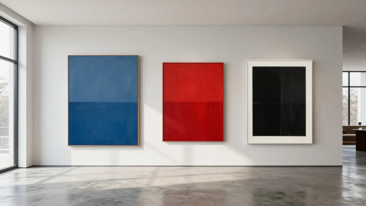 Gallery wall displaying blue, red, and black abstract artworks