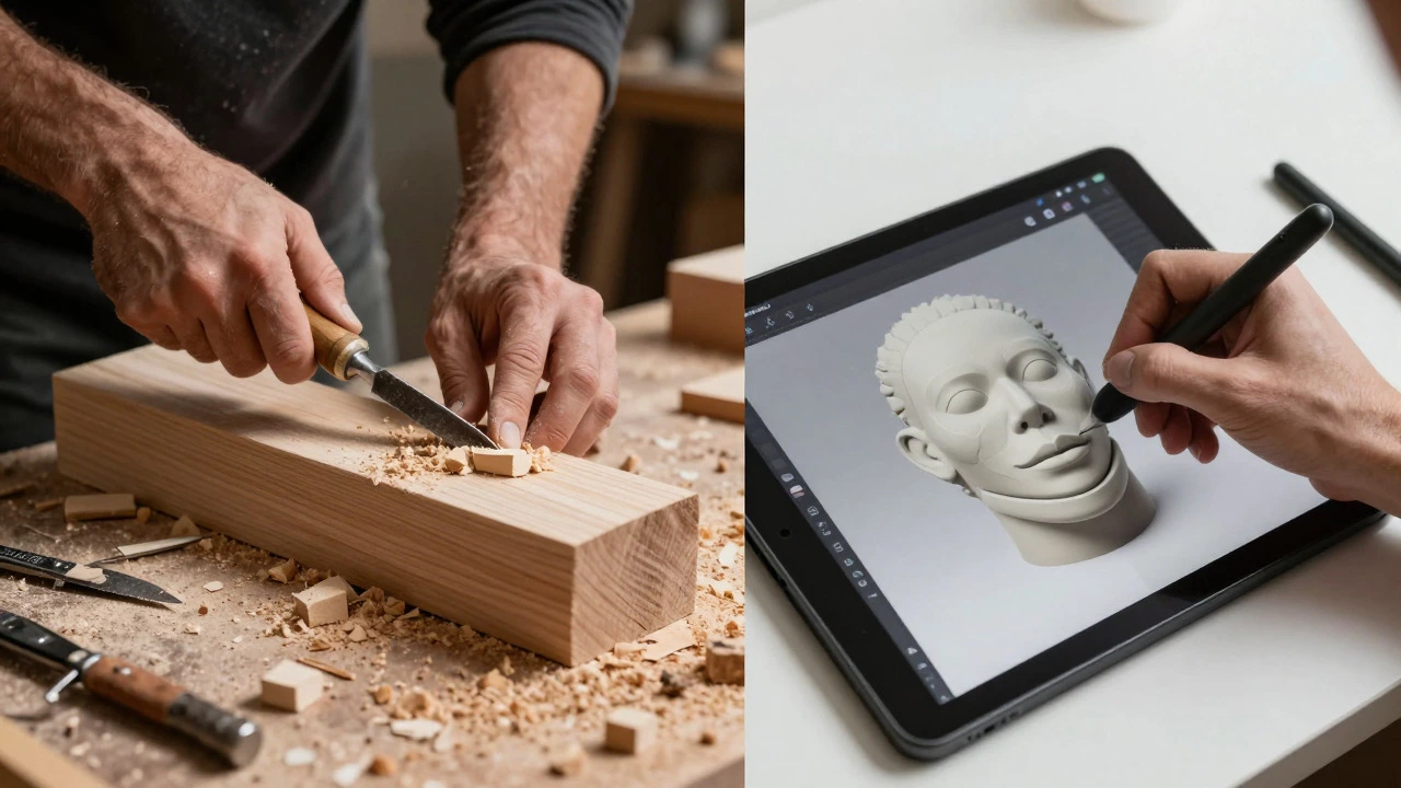 Split view of wood carving and digital 3D sculpting