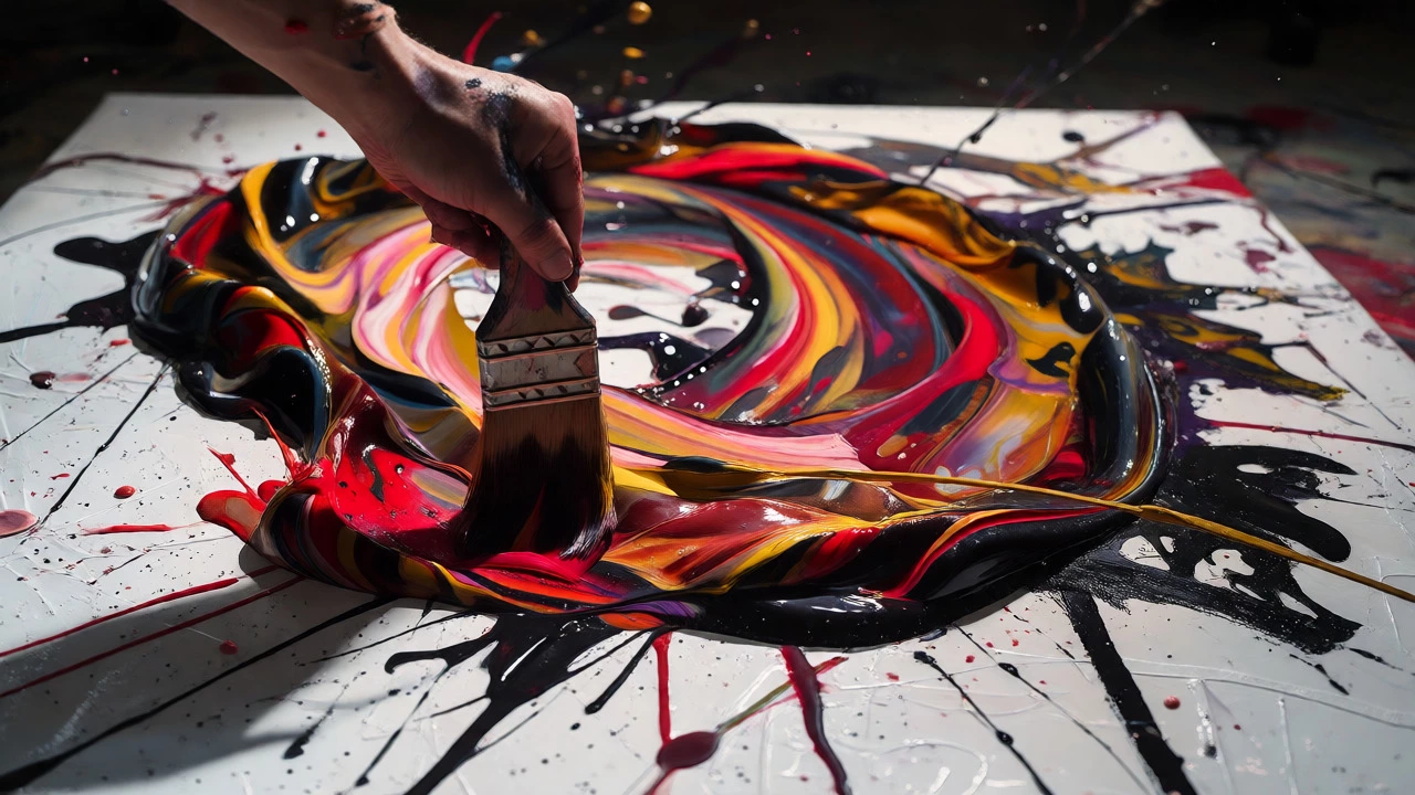 Close-up of hands splattering thick paint in abstract style