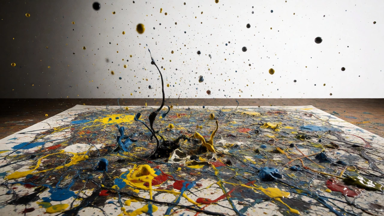 Close-up of Pollock-style drip painting with frozen paint splatters on a canvas.