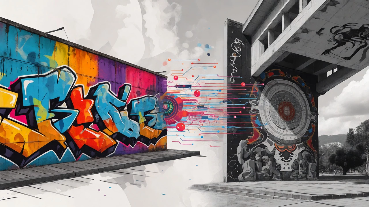 Conceptual art showing global street art hotspots connected by digital data streams.