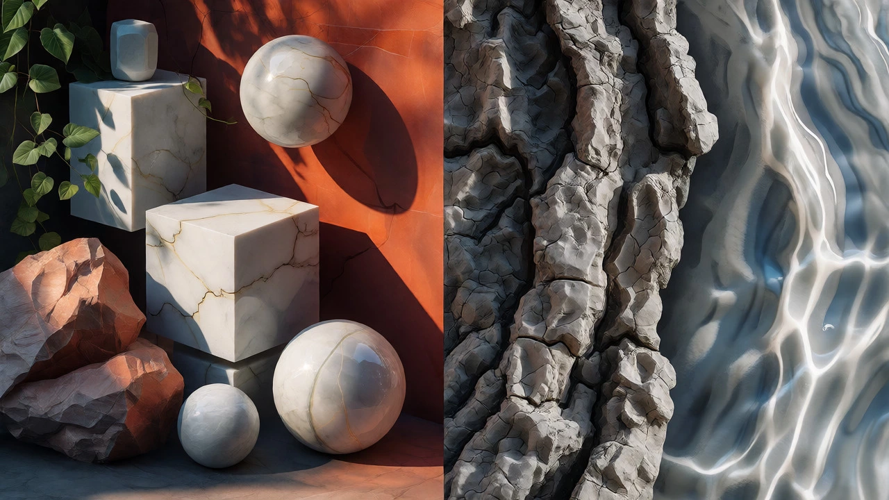 Contrasting geometric stones and natural bark textures