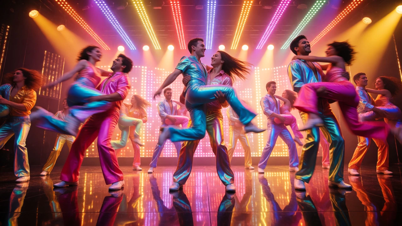 Dancers in colorful LED costumes performing energetic disco moves under vibrant neon lights.