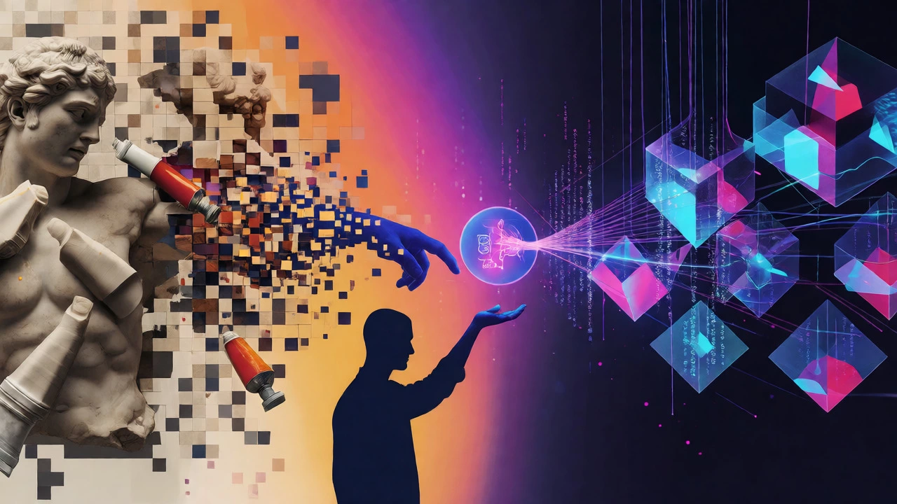 Digital collage showing the shift from physical art objects to conceptual ideas