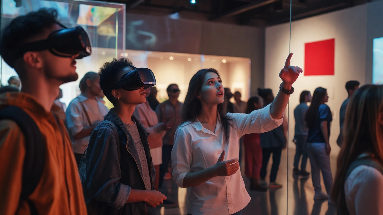 Diverse group engaging with immersive technology and art in a museum