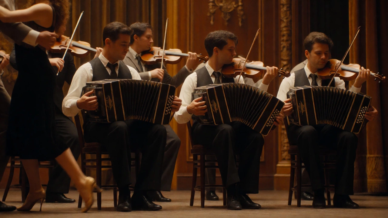 Musicians and tango dancers performing intimately on a warmly lit, vintage-style stage.
