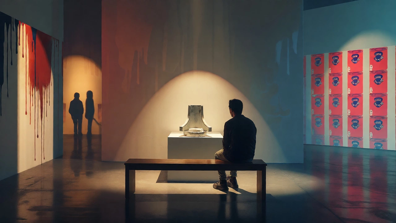 Person contemplating a simple conceptual art object on a pedestal