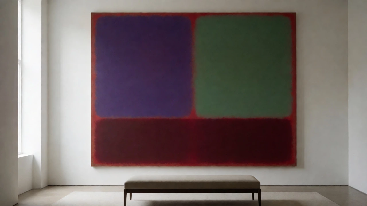 Rothko-style color field painting with violet and green blocks in a serene gallery.