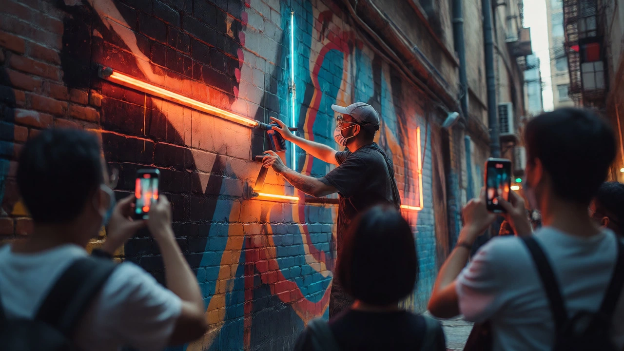 Street artist creating a neon-lit mixed media mural while being filmed by tourists.