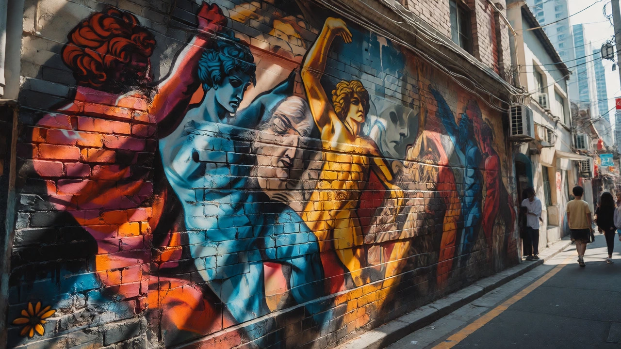 Bold street art mural blending graffiti and classical styles on a brick wall