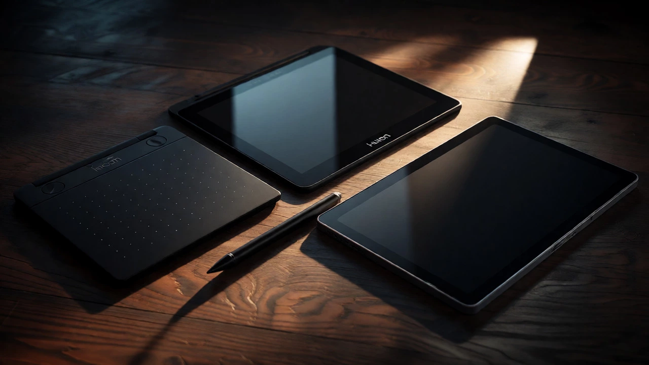 Comparison of three different digital art tablets on a table