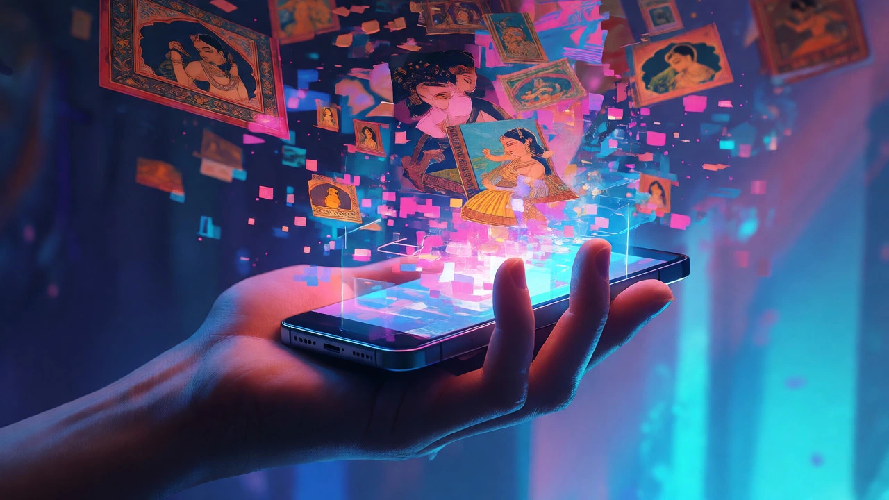Digital art blending holographic tech with traditional Indian painting fragments.