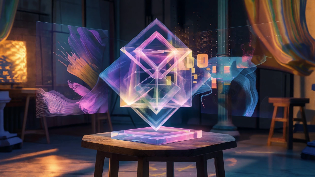 Holographic digital sculpture floating among AI-generated artistic fragments