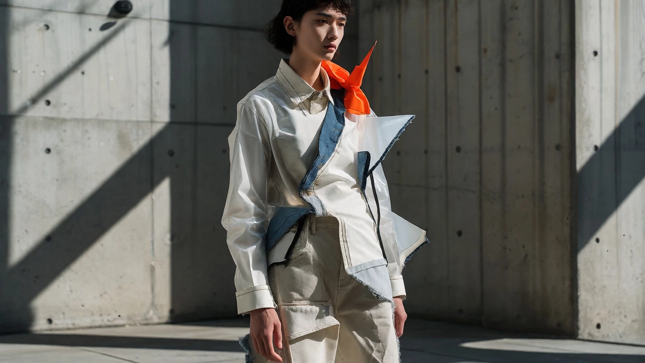 Model wearing deconstructed, asymmetrical fashion in a minimalist urban setting.