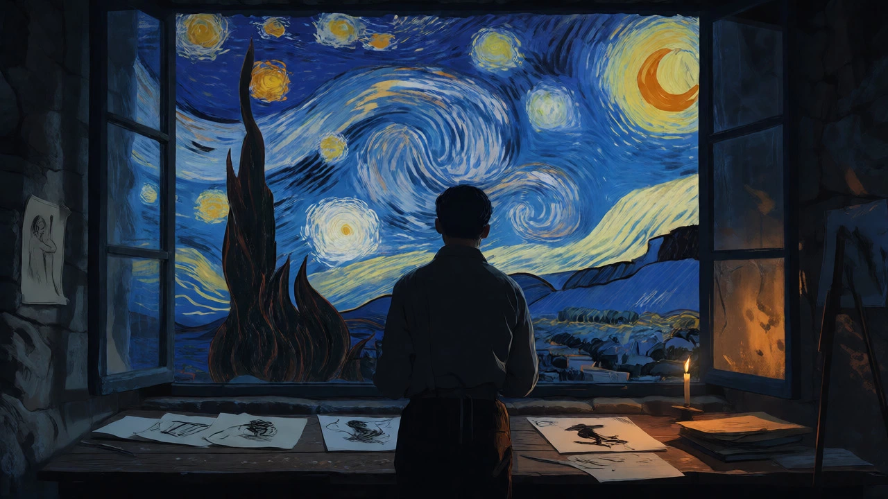 Van Gogh creating Starry Night from asylum window